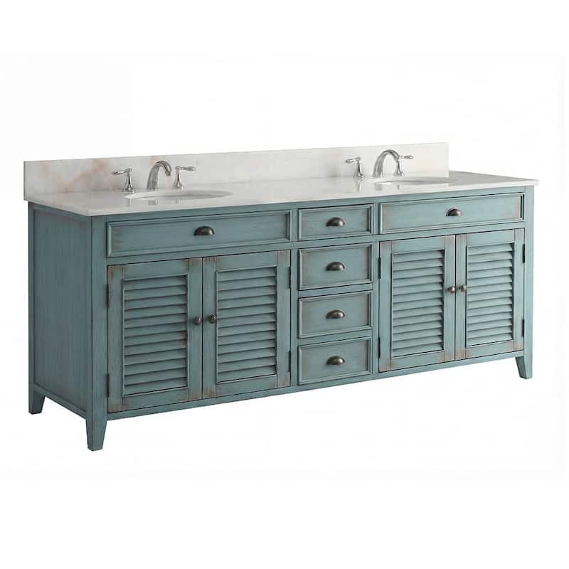 72 Inch Abbeville Double Sink Bathroom Vanity - Distressed Blue Farmhouse Style