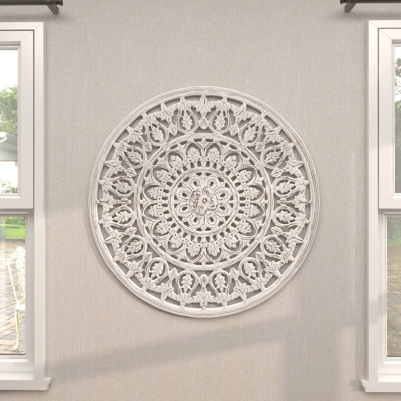 White Wood Handmade Intricately Carved Round Mandala Floral Home Wall Decor