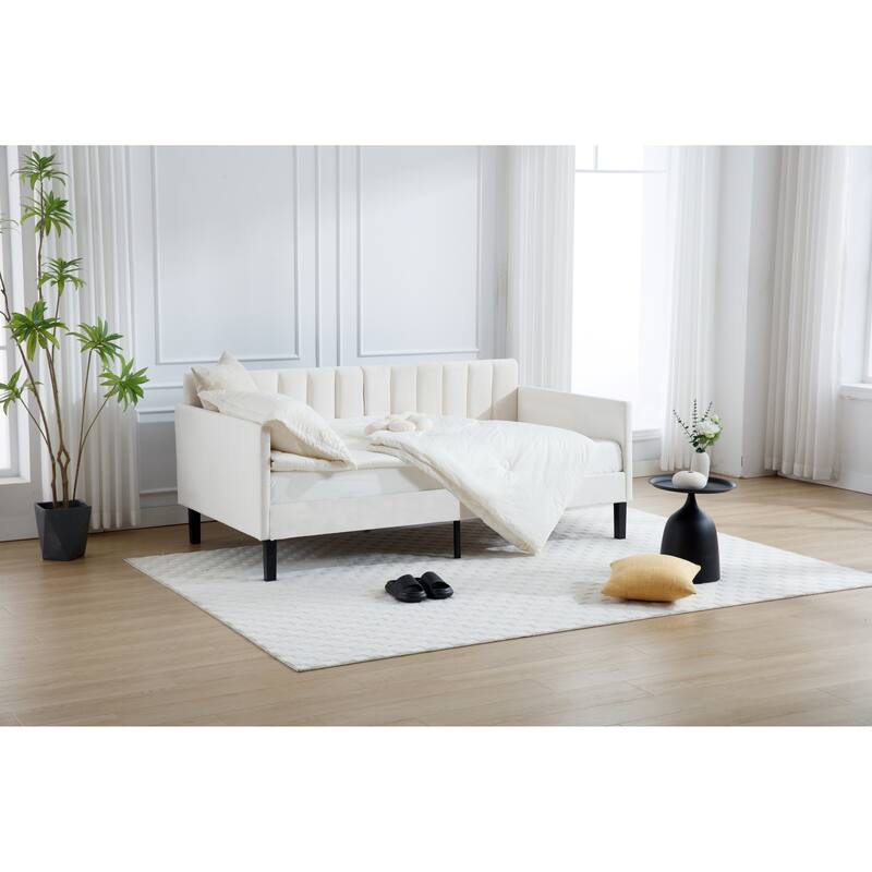 Twin Size Beige Velvet Upholstered Daybed with Tufted Backrest & Foam Comfort