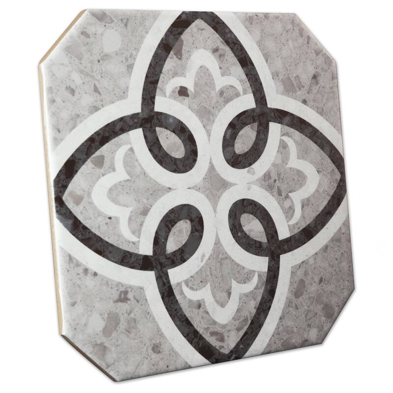 Merola Tile Riviera Octagon Garde Gris with Taco Nero 7-7/8" x 7-7/8" Porcelain Floor and Wall Tile