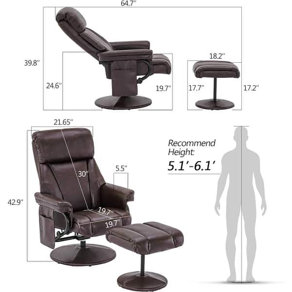 dimension image slide 2 of 4, MCombo Set of 2 Swivel Recliner with Ottoman, Reclining Chair with Massage, Faux Leather Lounge Chair
