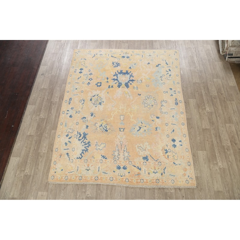Geometric Turkish Authentic Oushak Oriental Wool Area Rug Handmade - 7'4" x 9'2"