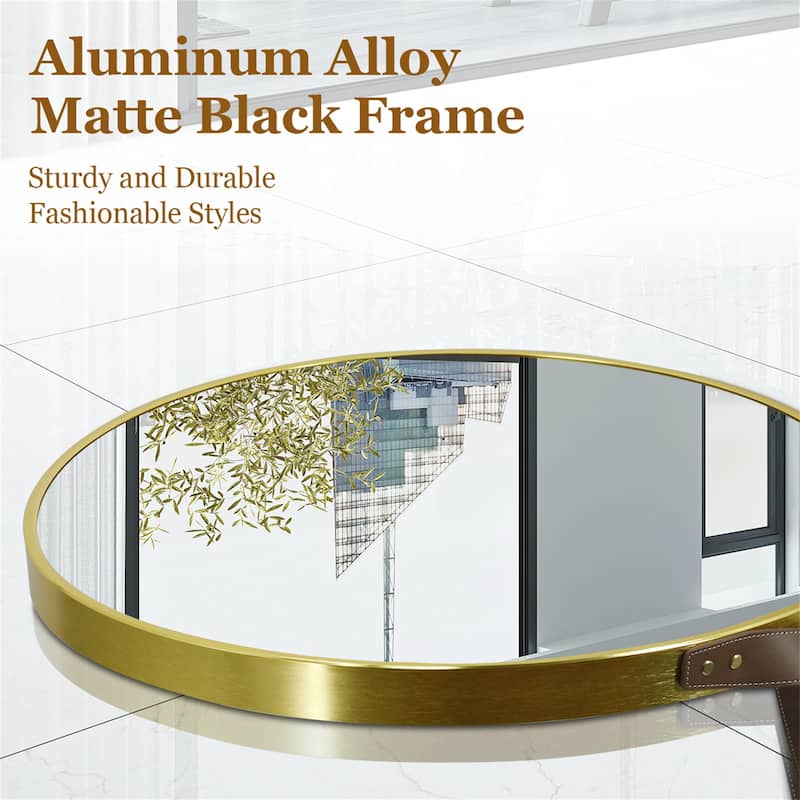 Round Wall Hanging Bathroom Vanity Mirror with Leather Strap Black Aluminum Frame