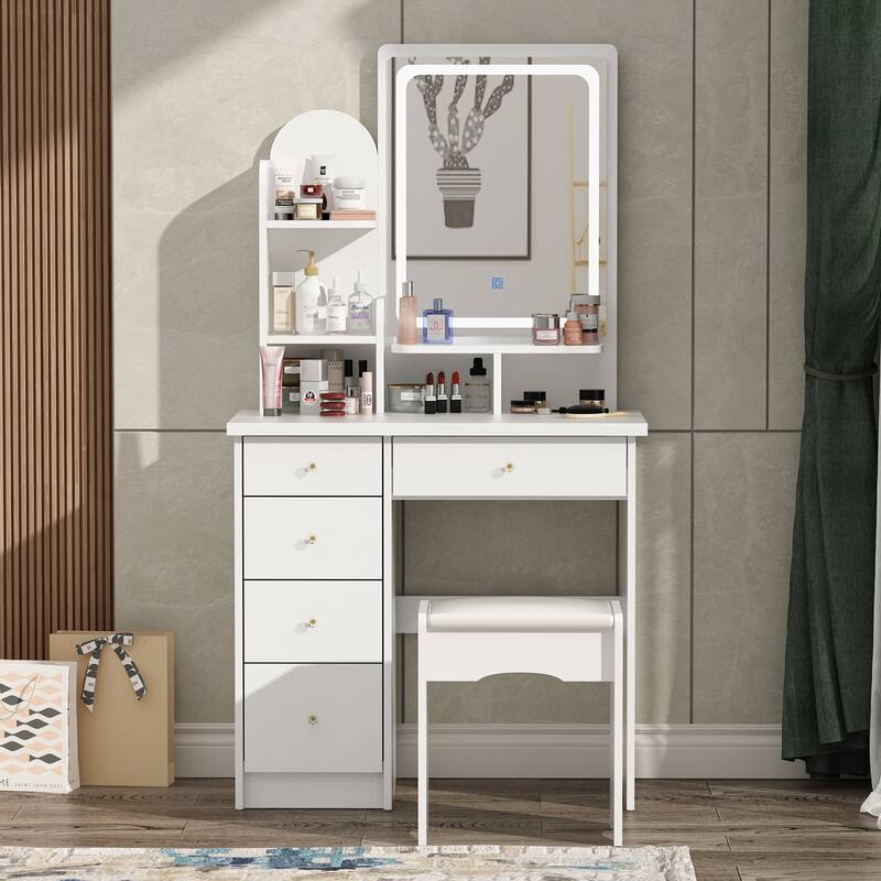 Makeup Vanity Set wi/Lighted Mirror, Storage Shelves and Drawers White - 31.5"L x 15.7"W x 55.1"H