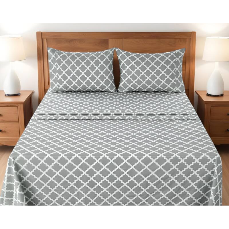 Four Piece Gray and White Quatrefoil Microfiber King Sheet Set - Gray and White - King