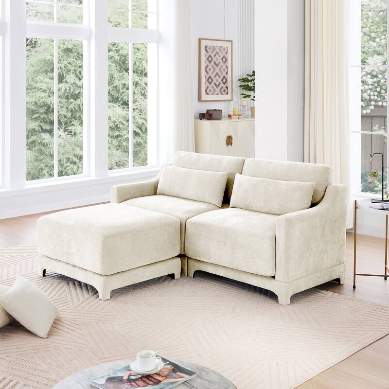 73.2" Chenille 2-Seater Sofa with Ottoman, 2 Pillows & Solid Wood Frame - Beige