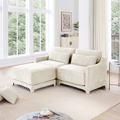 73.2" Chenille 2-Seater Sofa with Ottoman, 2 Pillows & Solid Wood Frame