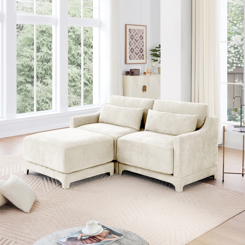 73.2" Chenille 2-Seater Sofa with Ottoman, 2 Pillows & Solid Wood Frame