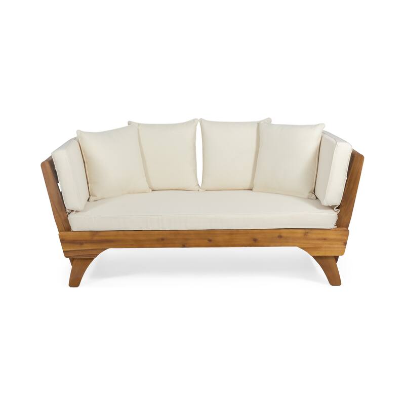 Expandable Daybed with Cushions, Outdoor Couch Acacia Wood Patio Couch with Adjustable Armrests