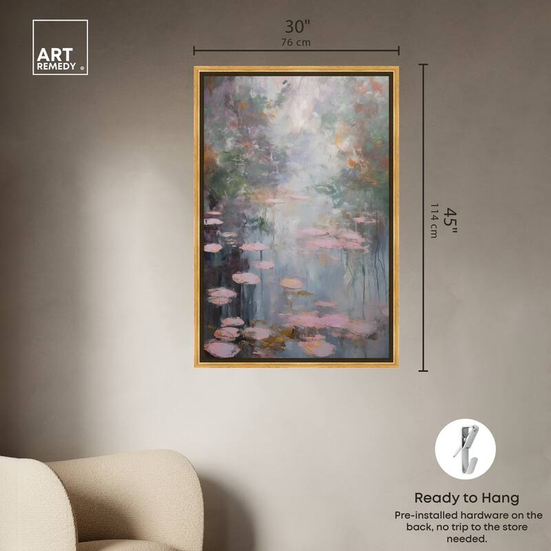 Art Remedy Pink Impressionisty Lilypads Framed Impressionism 1 Piece Canvas Wall Art /Monet And Van Gogh Inspired Art