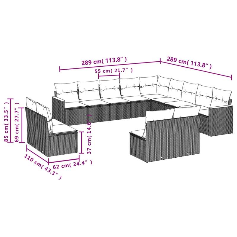 vidaXL 13/14 Piece Patio Sofa Set with Cushions Black/Gray Poly Rattan - 24.4 x 24.4 x 27.2