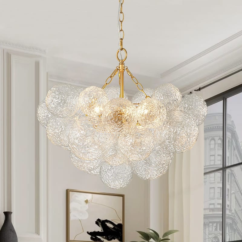 Modern Luxury Water Textured Cluster Glass Globe Bubble Chandelier - 23.6in - Brass
