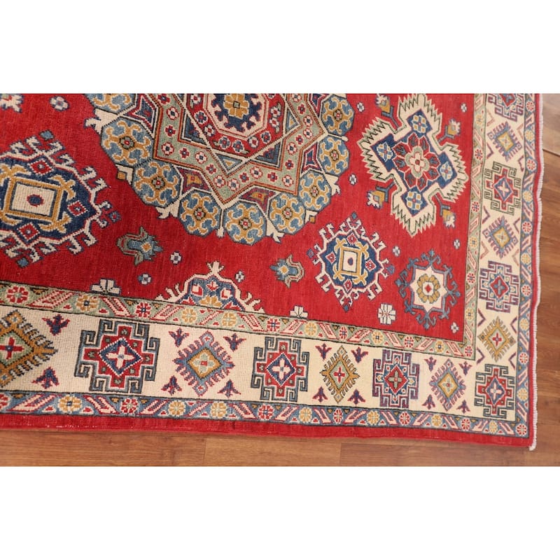 Geometric Kazak Oriental Area Rug Handmade Red Wool Carpet - 4'11" x 7'1"