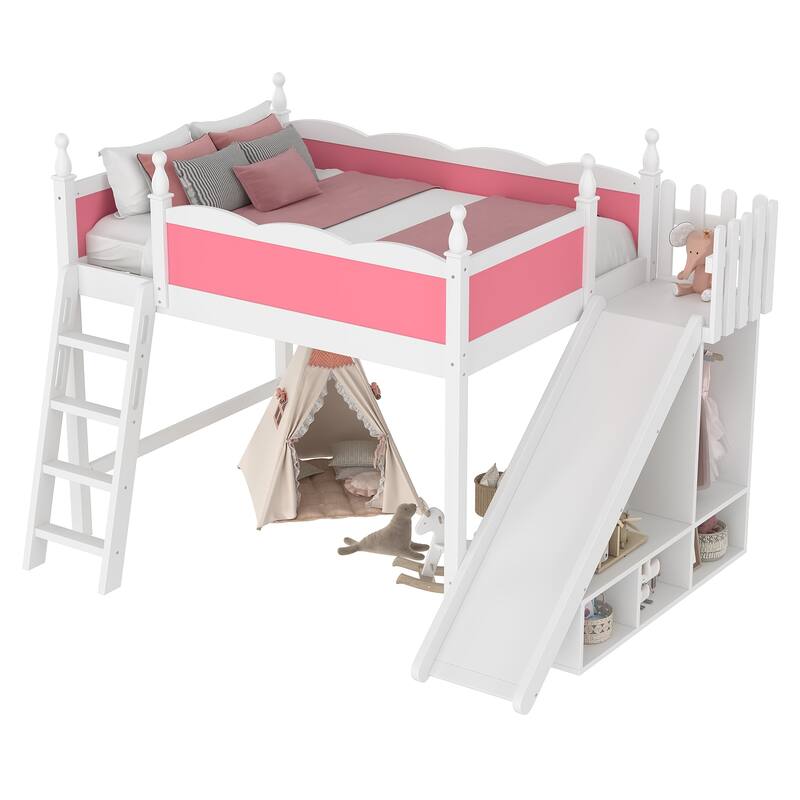 Full Loft Bed with Storage Shelves and Wardrobe, Solid Wood Loft Beds with Detachable Slide and Ladders, No Spring Box Needed