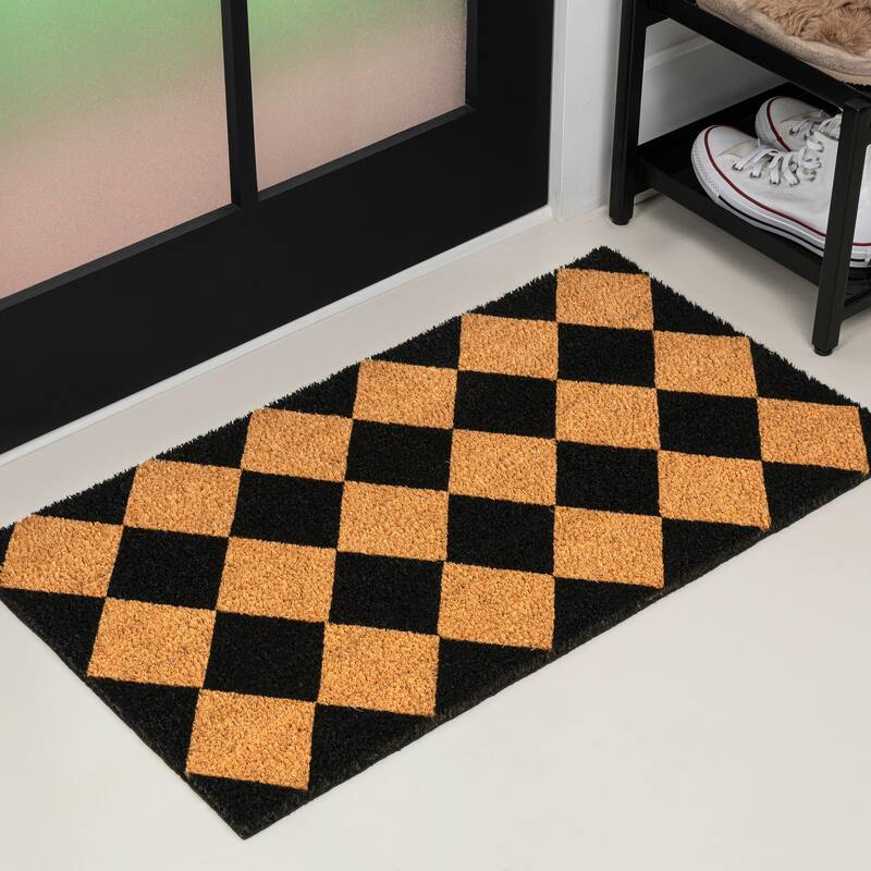 JONATHAN Y Classic Natural Coir Mat Indoor/Outdoor - Natural/Black Geo - 3 X 5