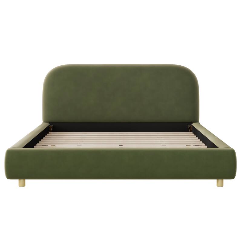 Queen Size Velvet Upholstered Platform Bed with Thick Headboard, Olive Green