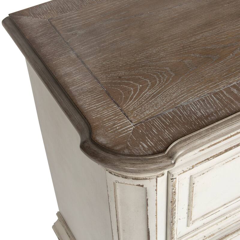 Magnolia Manor Antique White & Weathered Bark Upholstered Sleigh Bed, Dresser and Mirror, and Nightstand Set