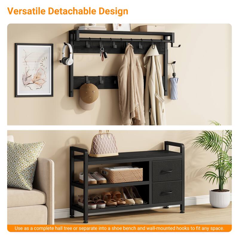 6-in-1 39.4"Hall Tree with Bench Entryway Shoe Rack w/24 Hooks & 2 Drawers