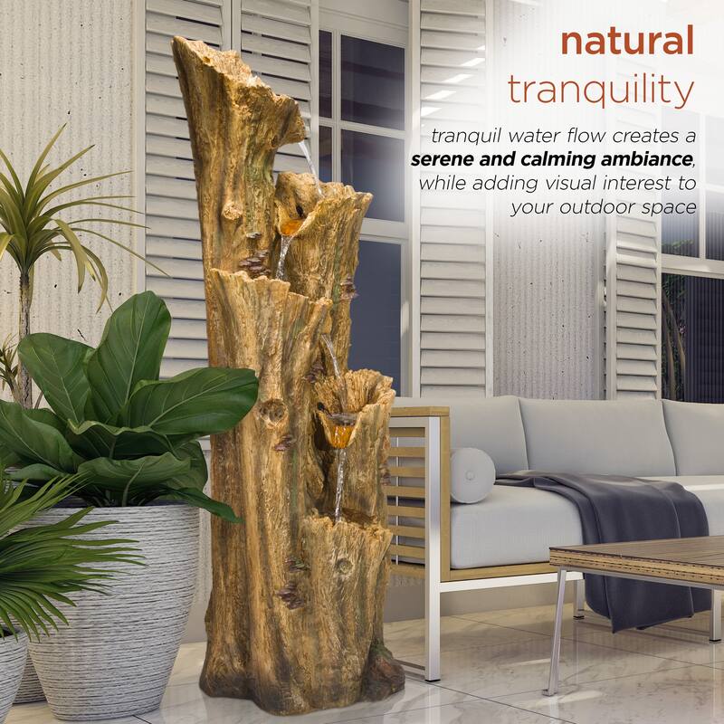 Alpine Corporation 65 Tall Outdoor 4 Tier Cascading Tree Bark Water Fountain with LED Lights Elegant Water Feature for Garden
