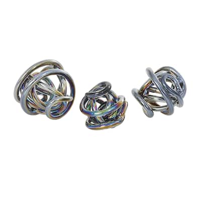 Glass Abstract Handmade Iridescent Knotted Ball Sculpture - Set of 3 Dark Gray, Black or Clear - Roche River Decor