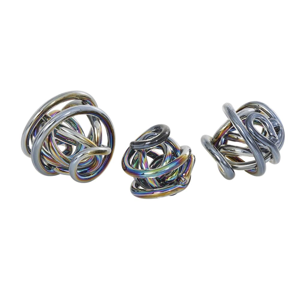 Glass Abstract Handmade Iridescent Knotted Ball Sculpture - Set of 3 Dark Gray, Black or Clear - Roche River Decor