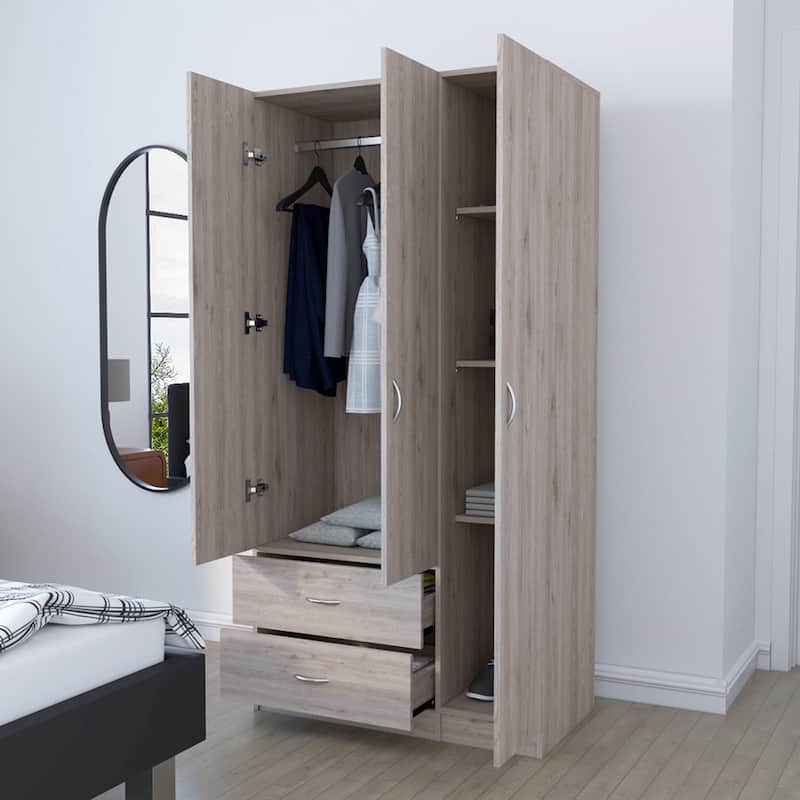 Three Door Armoire, Bedroom,Double Door Cabinet with Clothing Rod included , Light Gray