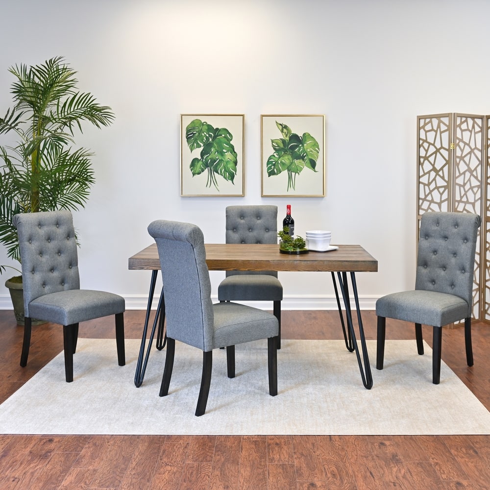 5-Piece Industrial Dining Set with Rectangular Table & Tufted Chairs