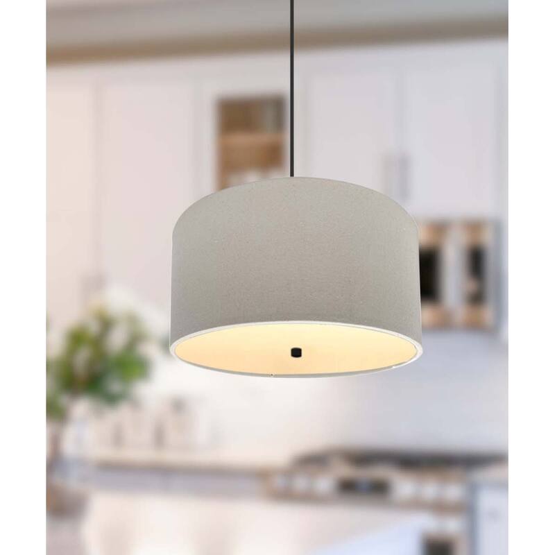16" W 2 Light Pendant Light Oatmeal Linen Drum Shade with Diffuser, Black Cord