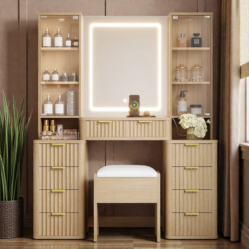 43.5" Makeup Vanity Desk with LED Mirror and Lights, Glass Top Vanity Table, 10 Drawers, Charging Station and Stool
