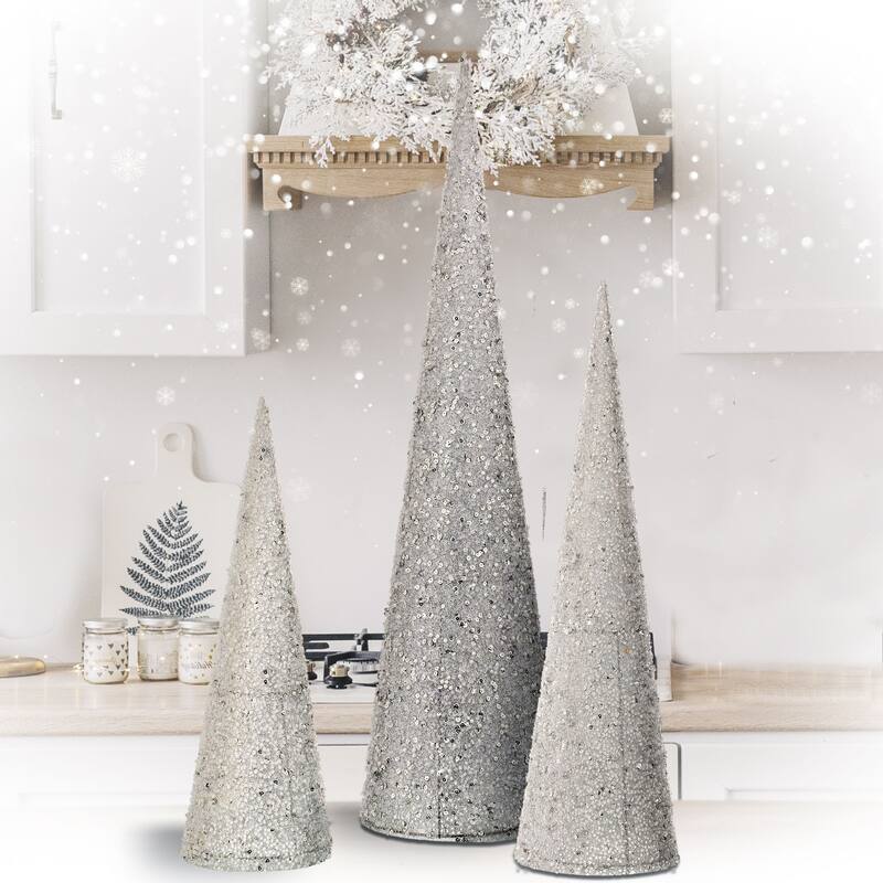 Set of 3 Silver Sequin Beaded Cone Christmas Trees 30"
