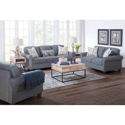 American Furniture Classics Cottage Series Blue Fabric Loveseat with Rolled Arms and 2 Accent Pillows