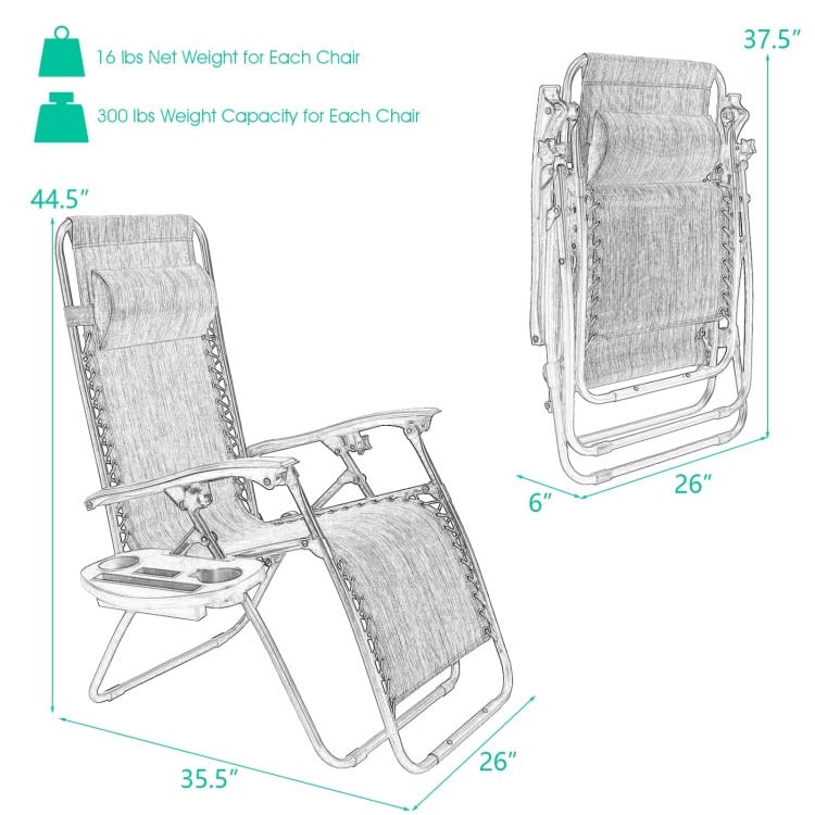 2 Pieces Folding Lounge Chair with Zero Gravity - 40"-57" x 25" x 34"-42.5"(L x W x H)