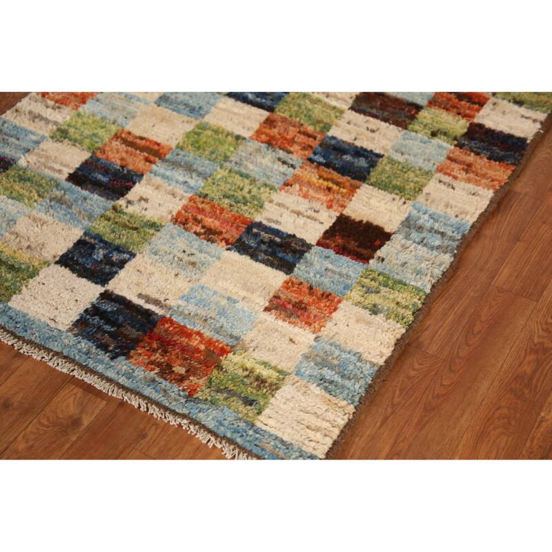 Checkered Moroccan Oriental Runner Rug Handmade Wool Carpet - 3'2" x 9'8"