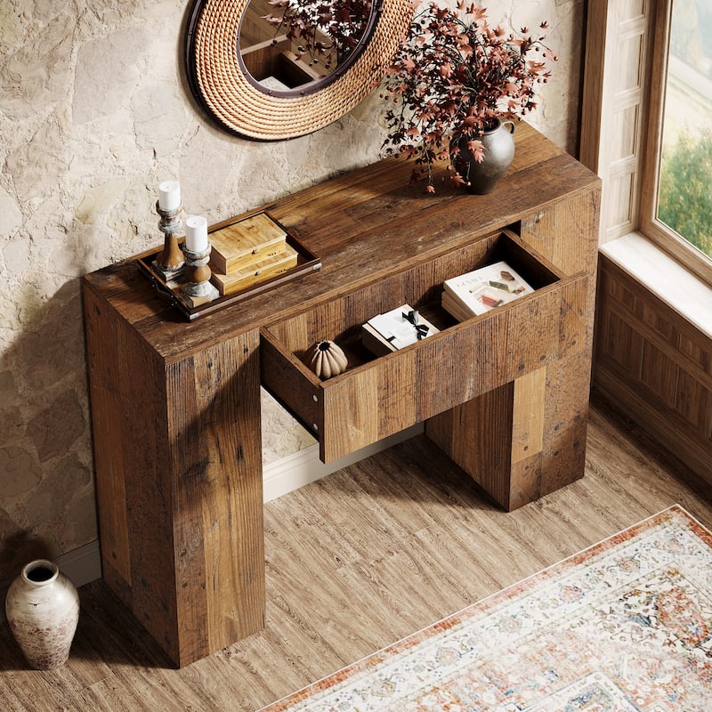 Farmhouse Narrow Console Table With Drawer for Living Room Entryway - 11.81" D x 39.37" W x 32.28" H - Brown