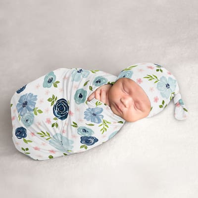 Watercolor Floral Collection Girl Baby Cocoon and Beanie Hat Sleep Sack - 2pc Set - Navy Blue Pink Boho Shabby Chic Rose Flower