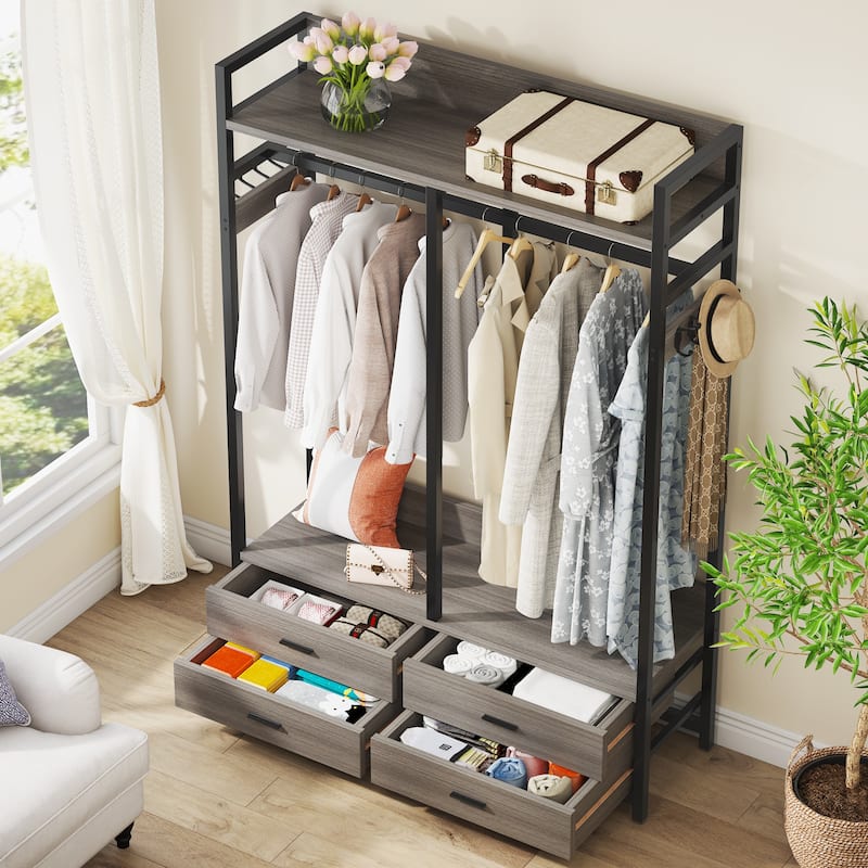 Freestanding Closet Organizer, Clothing Rack with 4 Drawers, 8 Hooks and Storage Shelves - Grey