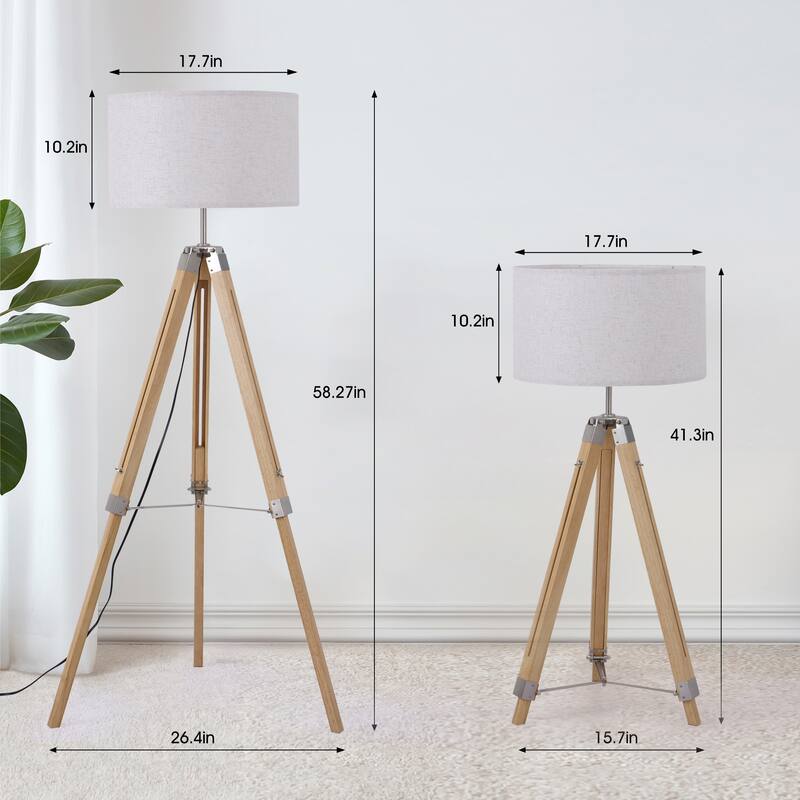 58 in. Modern Tripod Floor Lamp with Rubberwood Base and Linen KD Lampshade, Adjustable Height for Bedroom, Living Room