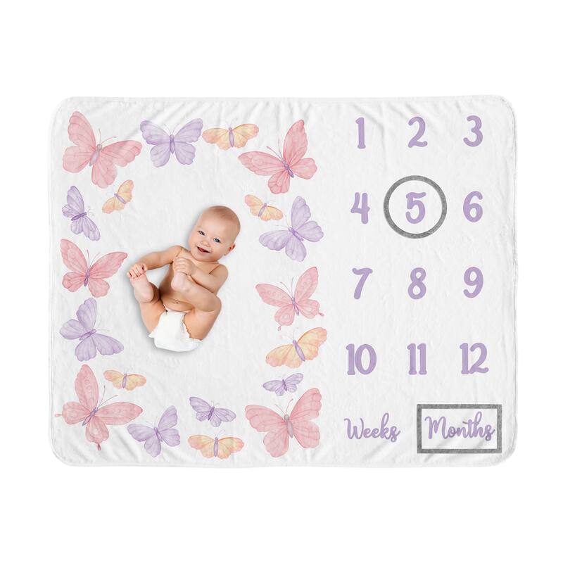 Sweet Jojo Designs Pink/Purple Shabby Chic Butterfly Girl Baby Monthly Milestone Blanket - Colorful Butterflies Lilac Watercolor