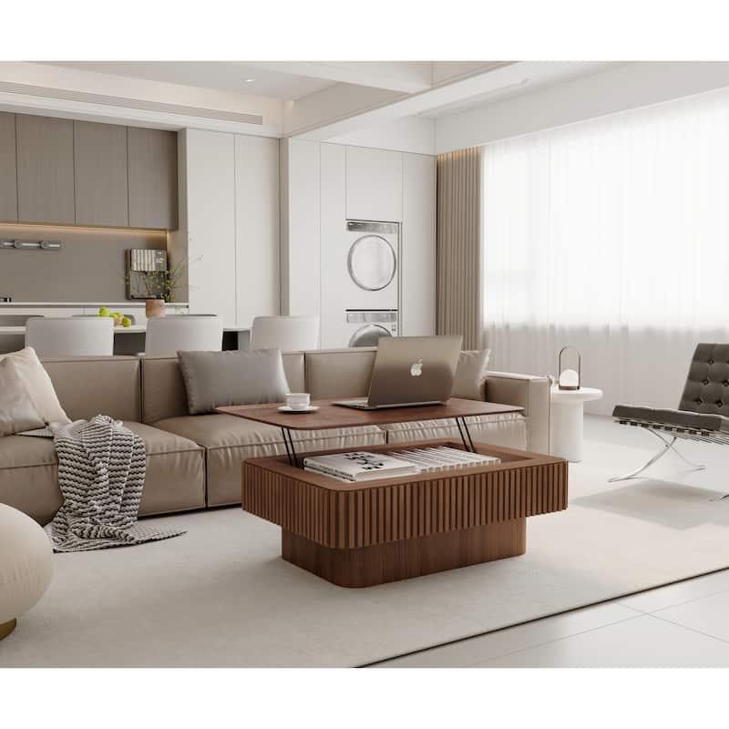 38.6" Fluted Lift-top Coffee Table, Coffee Table Accent Tea Table with Storage and Adjustable Height for Living Room
