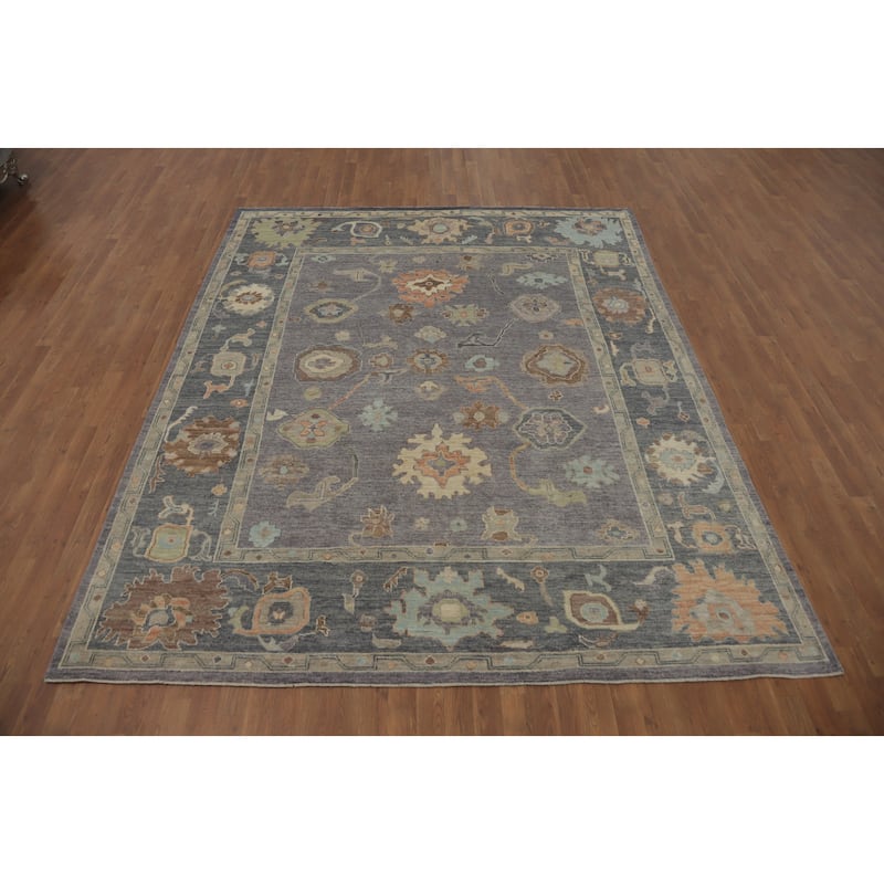 Vegetable Dye Wool Oushak Turkish Area Rug, Floral Geometric Carpet - 9' 9'' X 8' 0''