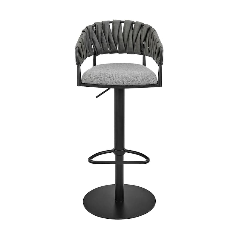 Blaise Adjustable Swivel Bar Stool, Black Metal with Gray Fabric and Faux Leather