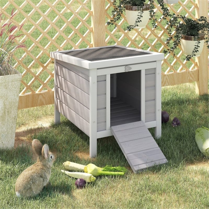 Solid Fir Wood Pet House with Waterproof Roof for Small pet and bunny - 16.5" L x 20" W x 17" H - Grey