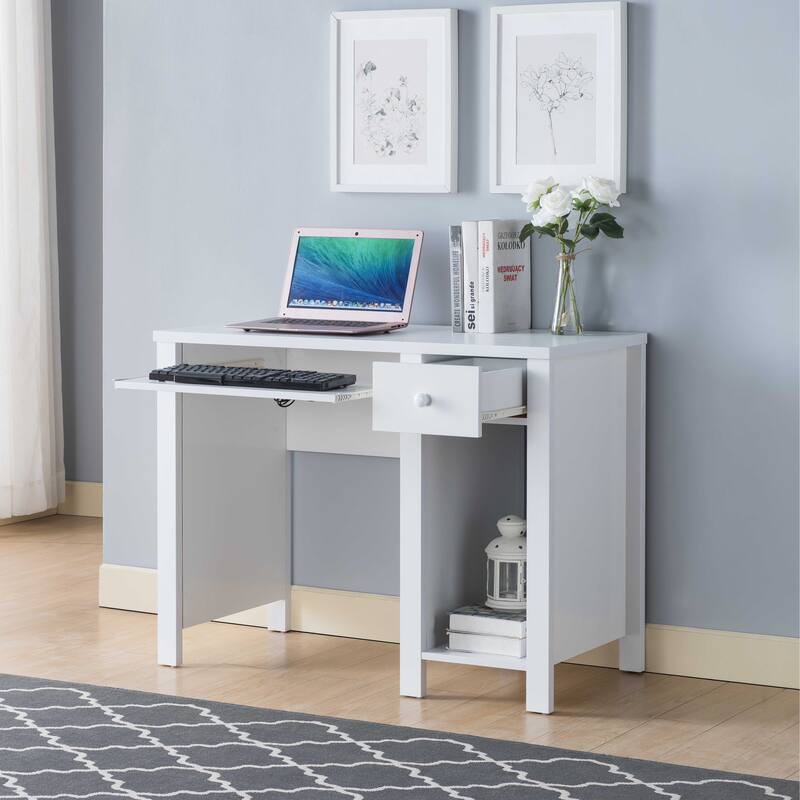 Home office desk 39"W Compact desk Writing Desk Laptop Desk White One drawer Keyboard Drawer Wooden Knob - White