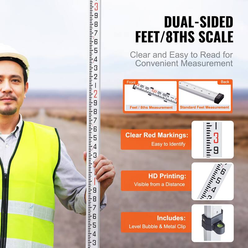 Aluminum Grade Rod, Telescopic Measuring Rod, Double-Sided Scale Leveling Rod Stick,Aluminum Alloy Survey Rod with Bubble Level