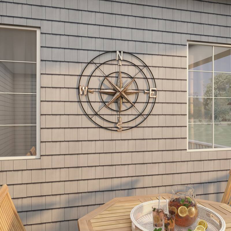 Gray Metal Indoor Outdoor Compass Home Wall Decor with Distressed Copper Like Finish
