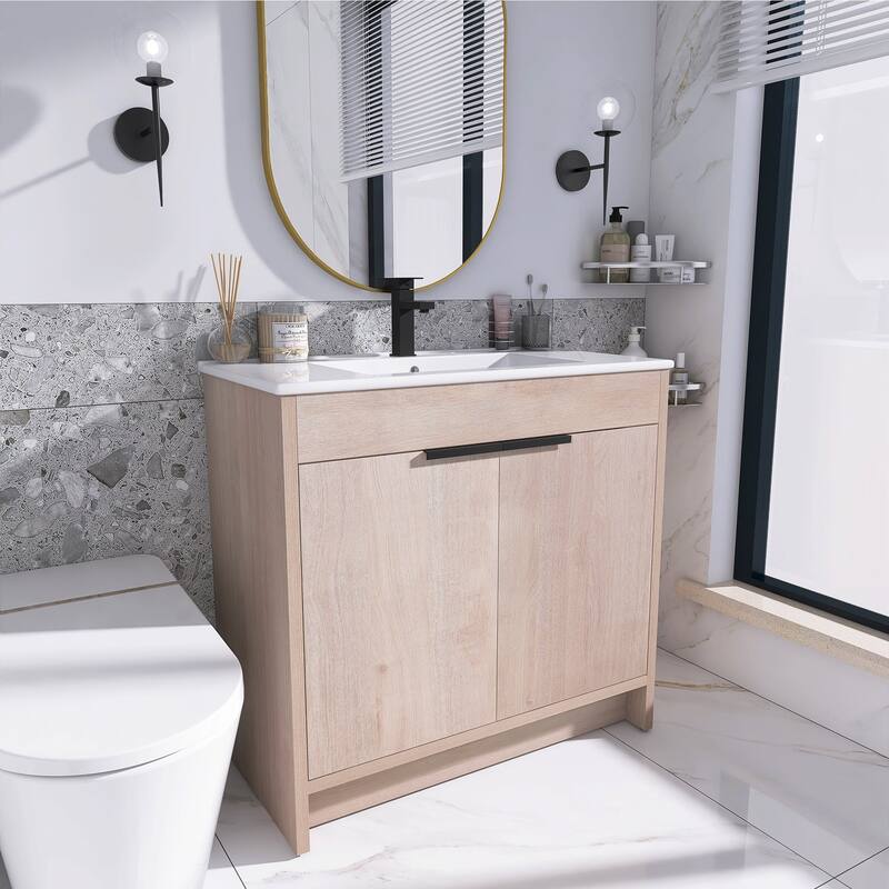 Freestanding Plywood Bathroom Vanity Set in Plain Light Oak with Integrated Sink