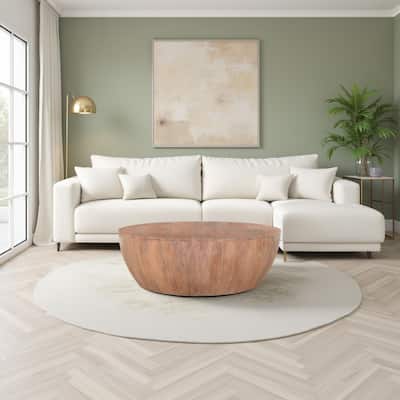Arthur Drum Shape Wooden Coffee Table with Plank Design Base, Distressed Brown