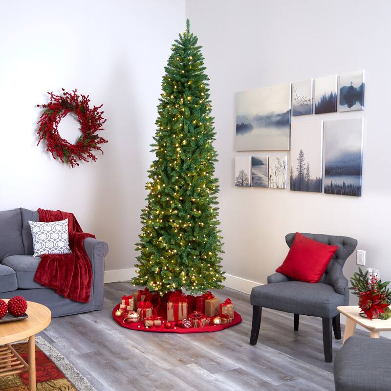 9ft Artificial Christmas Tree Slim Pencil Tree, Prelit Green Pine Tree with Metal Stand, Holiday Decor - 108