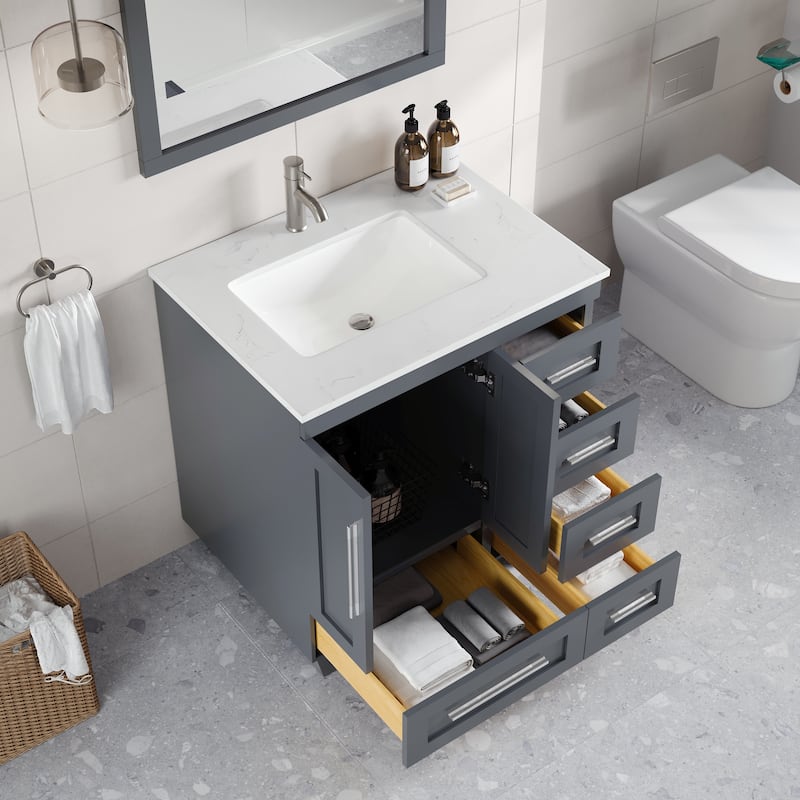 Eviva Loon 30"W Bath Vanity with Carrara Quartz Vanity Top & Undermount Sink