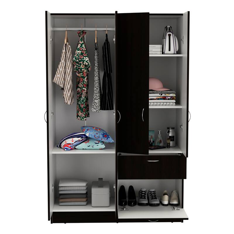 18.5" Modern Double-door Armoire with Hanging Rod, Five Interior Shelves and One Drawer